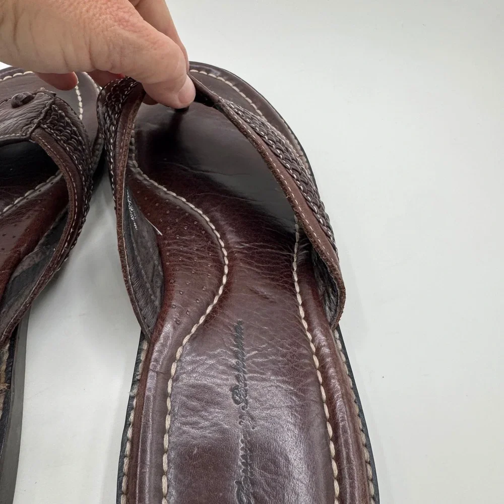 Tommy Bahama Anchors Away Mens Sz 11 D Brown Leather Woven Flip Flop Sandals